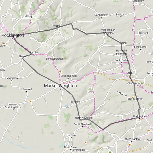 Map miniature of "Wolds and Wetlands" cycling inspiration in East Yorkshire and Northern Lincolnshire, United Kingdom. Generated by Tarmacs.app cycling route planner