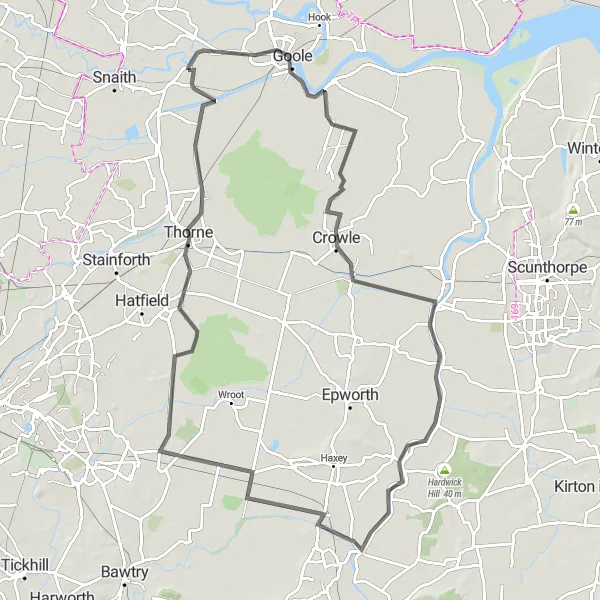 Map miniature of "Goole and Beyond" cycling inspiration in East Yorkshire and Northern Lincolnshire, United Kingdom. Generated by Tarmacs.app cycling route planner