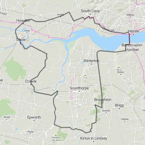 Map miniature of "Humber Bridge and Beyond" cycling inspiration in East Yorkshire and Northern Lincolnshire, United Kingdom. Generated by Tarmacs.app cycling route planner