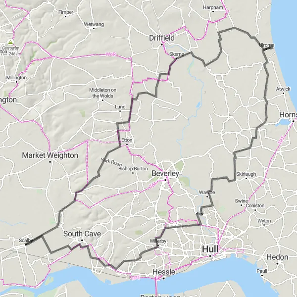 Map miniature of "Humber and Wolds Circuit" cycling inspiration in East Yorkshire and Northern Lincolnshire, United Kingdom. Generated by Tarmacs.app cycling route planner