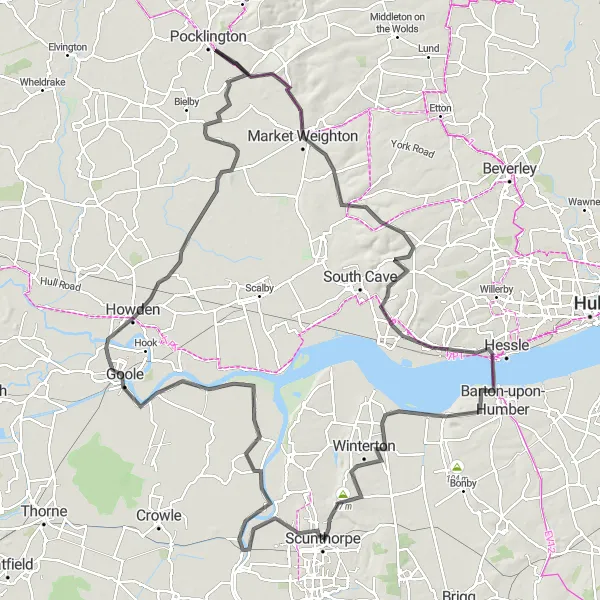 Map miniature of "The Rural Loop" cycling inspiration in East Yorkshire and Northern Lincolnshire, United Kingdom. Generated by Tarmacs.app cycling route planner