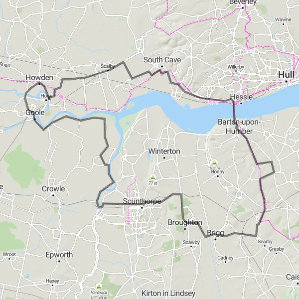 Map miniature of "The Wolds and Humber Discoverer" cycling inspiration in East Yorkshire and Northern Lincolnshire, United Kingdom. Generated by Tarmacs.app cycling route planner