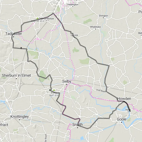 Map miniature of "The Snaith and Tadcaster Adventure" cycling inspiration in East Yorkshire and Northern Lincolnshire, United Kingdom. Generated by Tarmacs.app cycling route planner
