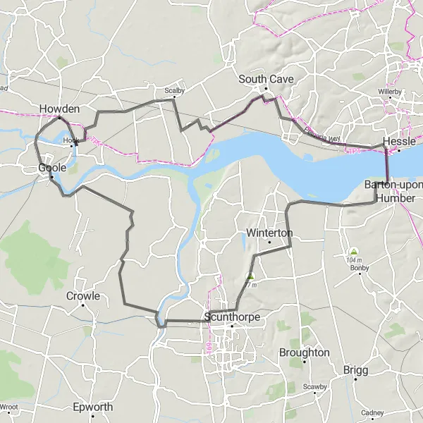 Map miniature of "The Broomfleet Loop" cycling inspiration in East Yorkshire and Northern Lincolnshire, United Kingdom. Generated by Tarmacs.app cycling route planner