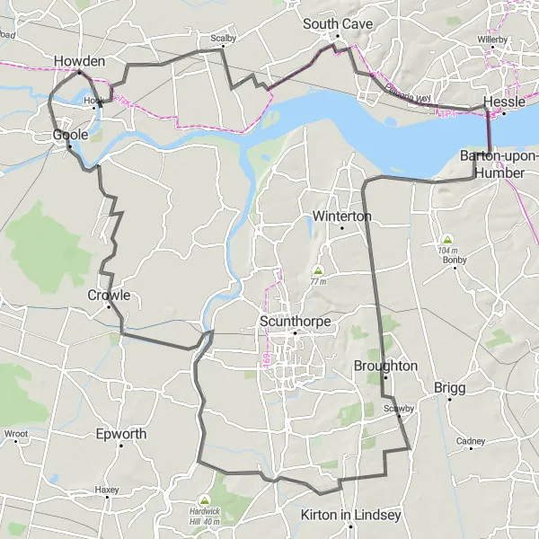 Map miniature of "The Gilberdyke and Appleby Expedition" cycling inspiration in East Yorkshire and Northern Lincolnshire, United Kingdom. Generated by Tarmacs.app cycling route planner