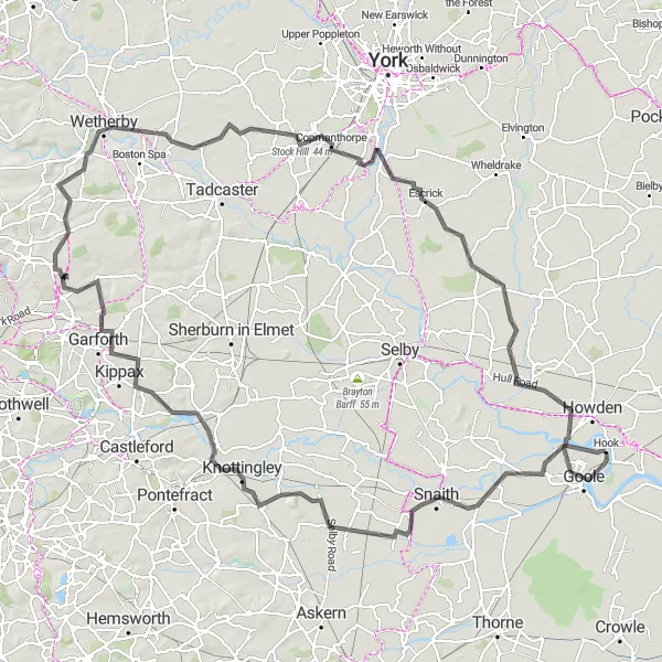 Map miniature of "The Snaith and Knottingley Challenge" cycling inspiration in East Yorkshire and Northern Lincolnshire, United Kingdom. Generated by Tarmacs.app cycling route planner