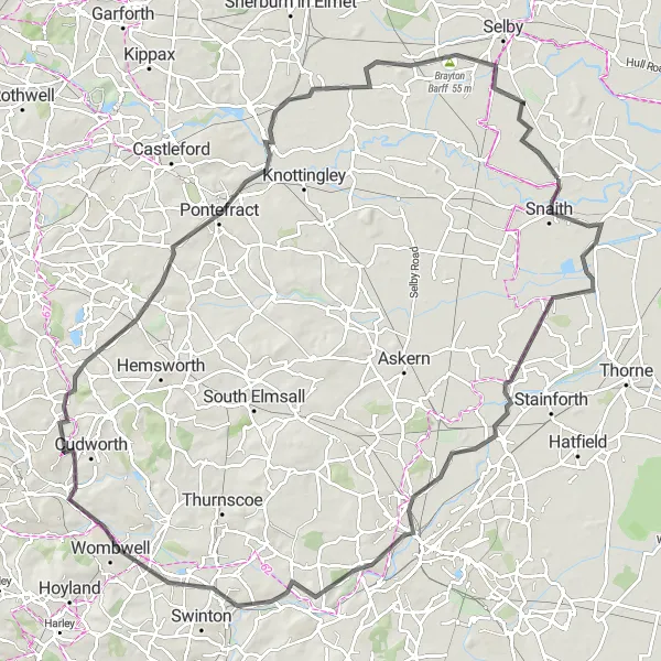 Map miniature of "Snaith to Thorpe Willoughby Adventure" cycling inspiration in East Yorkshire and Northern Lincolnshire, United Kingdom. Generated by Tarmacs.app cycling route planner