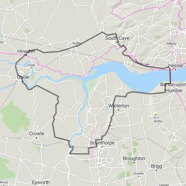 Map miniature of "South Cave to Ellerker Loop" cycling inspiration in East Yorkshire and Northern Lincolnshire, United Kingdom. Generated by Tarmacs.app cycling route planner