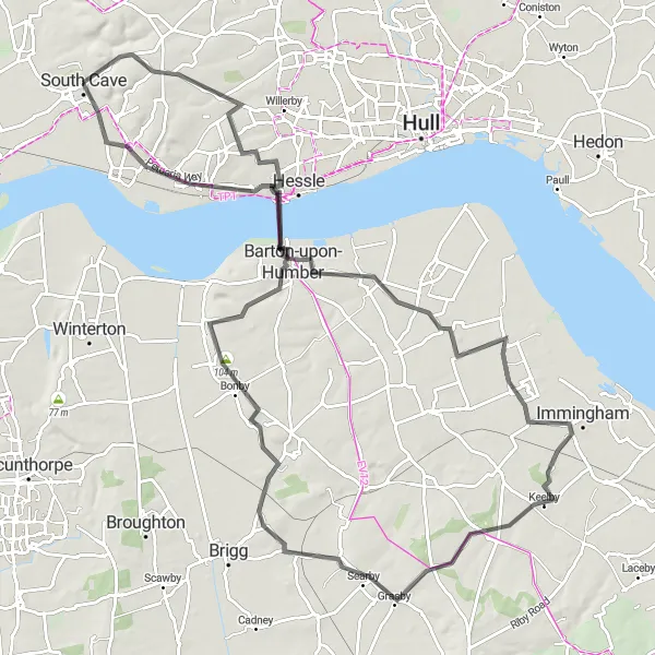 Map miniature of "South Cave to Barton-upon-Humber Loop" cycling inspiration in East Yorkshire and Northern Lincolnshire, United Kingdom. Generated by Tarmacs.app cycling route planner