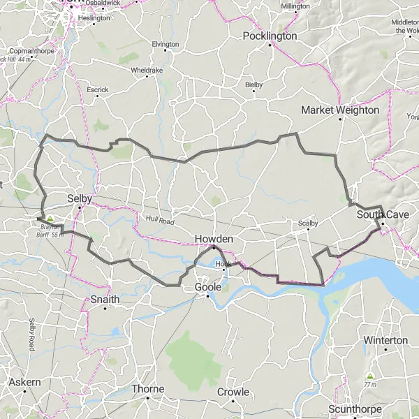 Map miniature of "South Cave to Howden Circular" cycling inspiration in East Yorkshire and Northern Lincolnshire, United Kingdom. Generated by Tarmacs.app cycling route planner