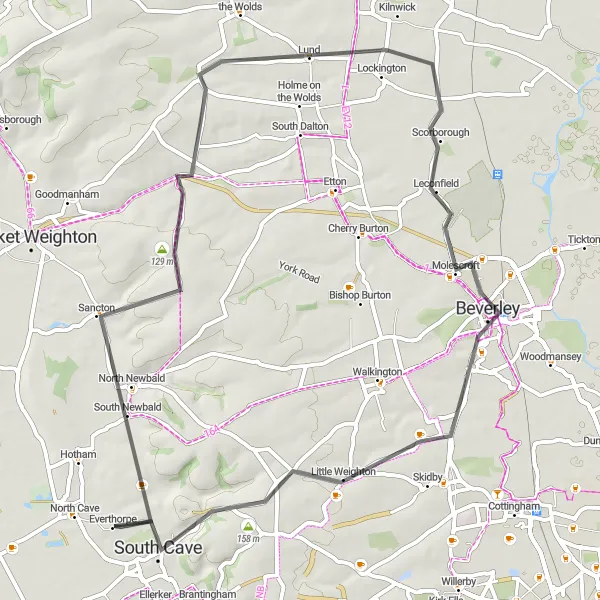 Map miniature of "South Cave to Beverley Loop" cycling inspiration in East Yorkshire and Northern Lincolnshire, United Kingdom. Generated by Tarmacs.app cycling route planner