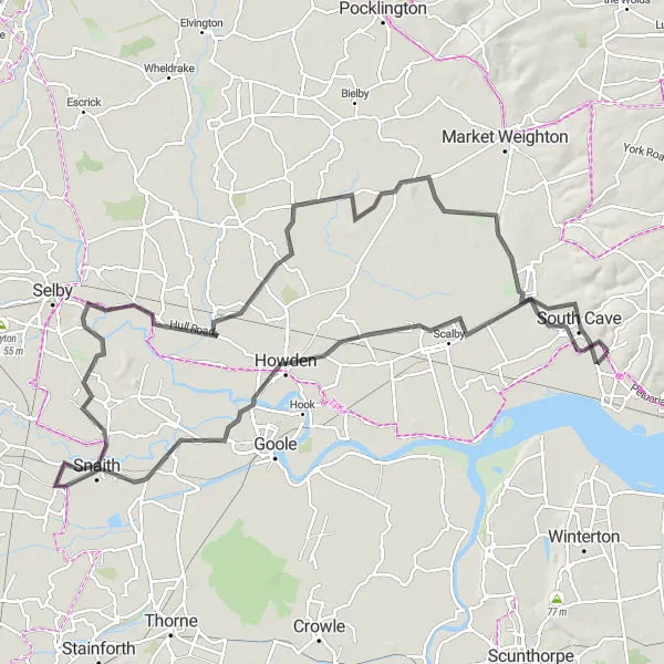 Map miniature of "South Cave to Hemingbrough Circular" cycling inspiration in East Yorkshire and Northern Lincolnshire, United Kingdom. Generated by Tarmacs.app cycling route planner