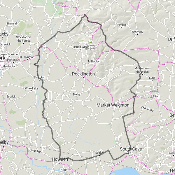 Map miniature of "South Cave to Sancton Loop" cycling inspiration in East Yorkshire and Northern Lincolnshire, United Kingdom. Generated by Tarmacs.app cycling route planner