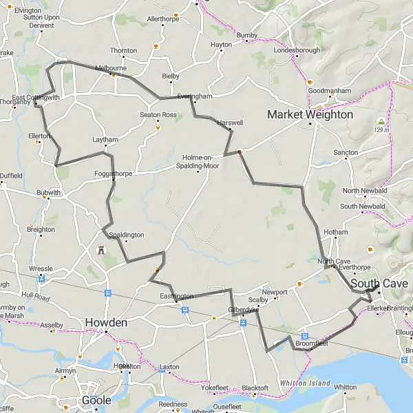 Map miniature of "South Cave and the Surrounding Charm" cycling inspiration in East Yorkshire and Northern Lincolnshire, United Kingdom. Generated by Tarmacs.app cycling route planner