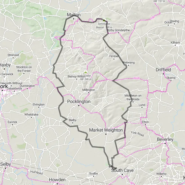 Map miniature of "Challenging Hills and Stunning Views" cycling inspiration in East Yorkshire and Northern Lincolnshire, United Kingdom. Generated by Tarmacs.app cycling route planner