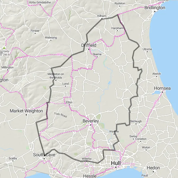 Map miniature of "Sancton to Kirk Ella Loop" cycling inspiration in East Yorkshire and Northern Lincolnshire, United Kingdom. Generated by Tarmacs.app cycling route planner