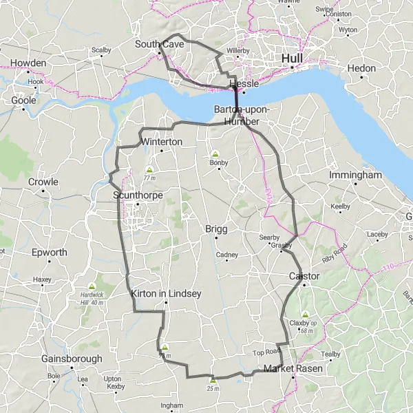 Map miniature of "Epic Hills and Historic Landmarks" cycling inspiration in East Yorkshire and Northern Lincolnshire, United Kingdom. Generated by Tarmacs.app cycling route planner