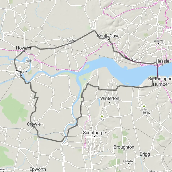 Map miniature of "Humber Bridge to Goole Loop" cycling inspiration in East Yorkshire and Northern Lincolnshire, United Kingdom. Generated by Tarmacs.app cycling route planner