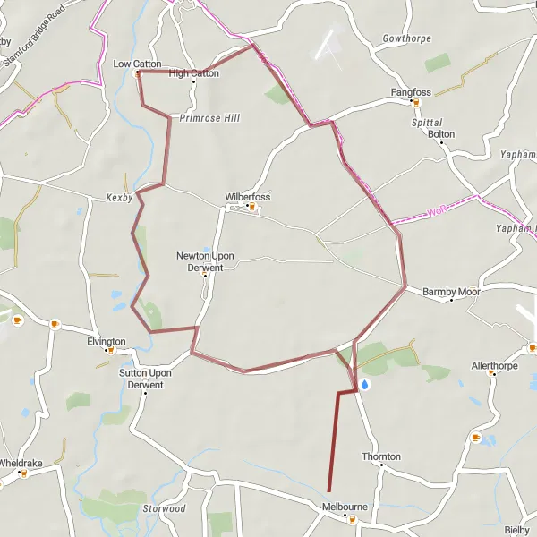 Map miniature of "The Melbourne Gravel Ride" cycling inspiration in East Yorkshire and Northern Lincolnshire, United Kingdom. Generated by Tarmacs.app cycling route planner