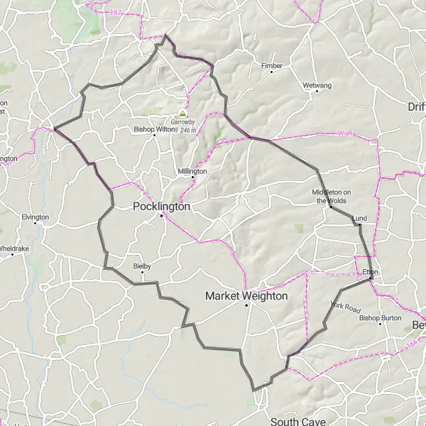 Map miniature of "Wolds Explorer" cycling inspiration in East Yorkshire and Northern Lincolnshire, United Kingdom. Generated by Tarmacs.app cycling route planner