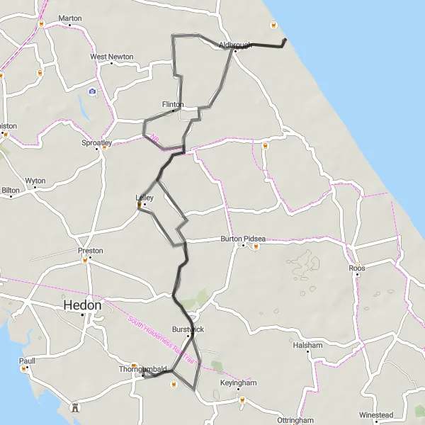 Map miniature of "Thorngumbald to Burstwick and Elstronwick" cycling inspiration in East Yorkshire and Northern Lincolnshire, United Kingdom. Generated by Tarmacs.app cycling route planner