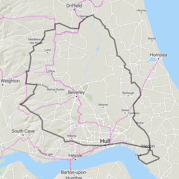 Map miniature of "The Hull Loop" cycling inspiration in East Yorkshire and Northern Lincolnshire, United Kingdom. Generated by Tarmacs.app cycling route planner