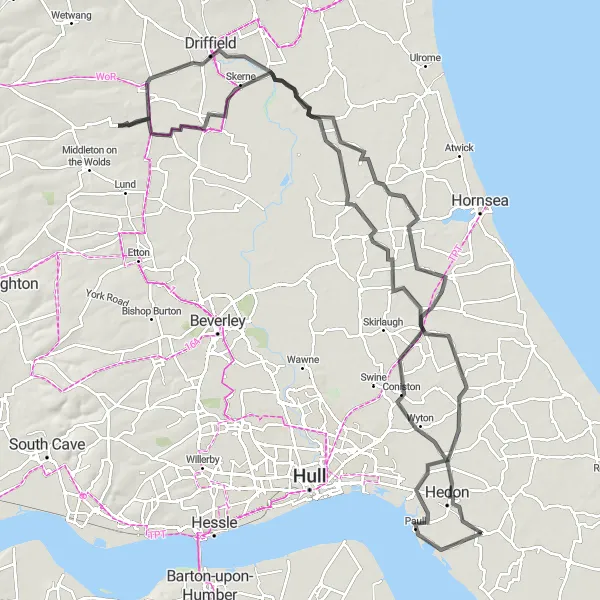 Map miniature of "Thorngumbald to Paull Loop" cycling inspiration in East Yorkshire and Northern Lincolnshire, United Kingdom. Generated by Tarmacs.app cycling route planner