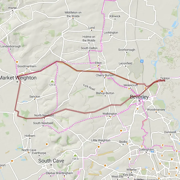 Map miniature of "Tickton to Cherry Burton Gravel Route" cycling inspiration in East Yorkshire and Northern Lincolnshire, United Kingdom. Generated by Tarmacs.app cycling route planner