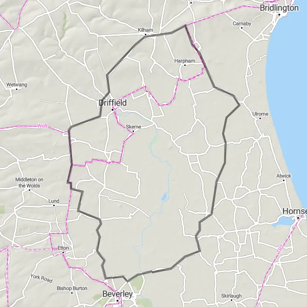 Map miniature of "Discovering East Yorkshire Countryside" cycling inspiration in East Yorkshire and Northern Lincolnshire, United Kingdom. Generated by Tarmacs.app cycling route planner