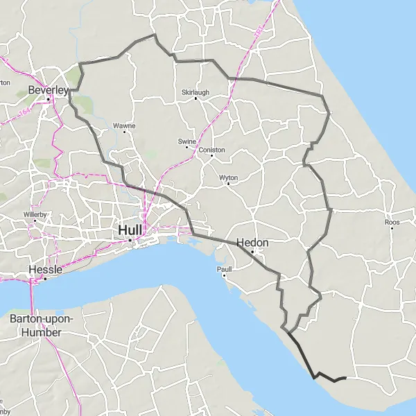 Map miniature of "Countryside Escape to Thorngumbald" cycling inspiration in East Yorkshire and Northern Lincolnshire, United Kingdom. Generated by Tarmacs.app cycling route planner