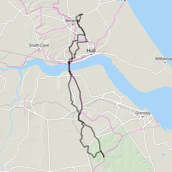 Map miniature of "The Wolds and Humber Bridge Loop" cycling inspiration in East Yorkshire and Northern Lincolnshire, United Kingdom. Generated by Tarmacs.app cycling route planner