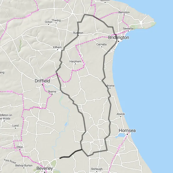 Map miniature of "Pearls of the East Riding" cycling inspiration in East Yorkshire and Northern Lincolnshire, United Kingdom. Generated by Tarmacs.app cycling route planner