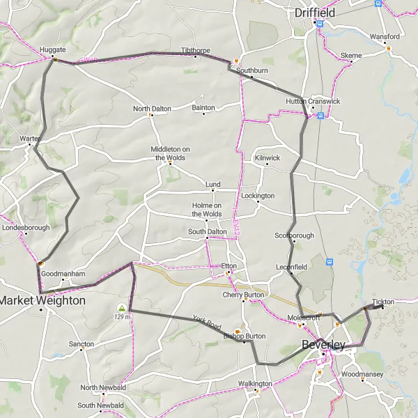 Map miniature of "Tickton to Leconfield Loop" cycling inspiration in East Yorkshire and Northern Lincolnshire, United Kingdom. Generated by Tarmacs.app cycling route planner