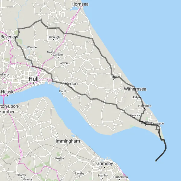 Map miniature of "Tickton to Kilnsea Adventure" cycling inspiration in East Yorkshire and Northern Lincolnshire, United Kingdom. Generated by Tarmacs.app cycling route planner