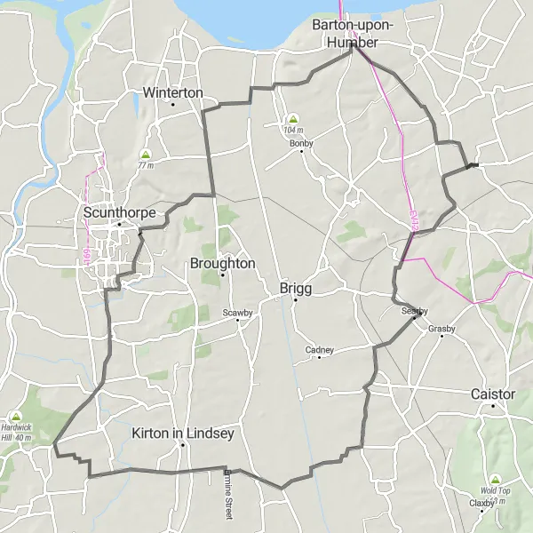 Map miniature of "Wolds and Humber" cycling inspiration in East Yorkshire and Northern Lincolnshire, United Kingdom. Generated by Tarmacs.app cycling route planner