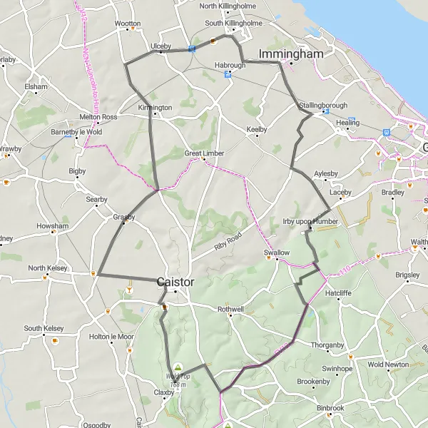 Map miniature of "The Lincolnshire Loop" cycling inspiration in East Yorkshire and Northern Lincolnshire, United Kingdom. Generated by Tarmacs.app cycling route planner