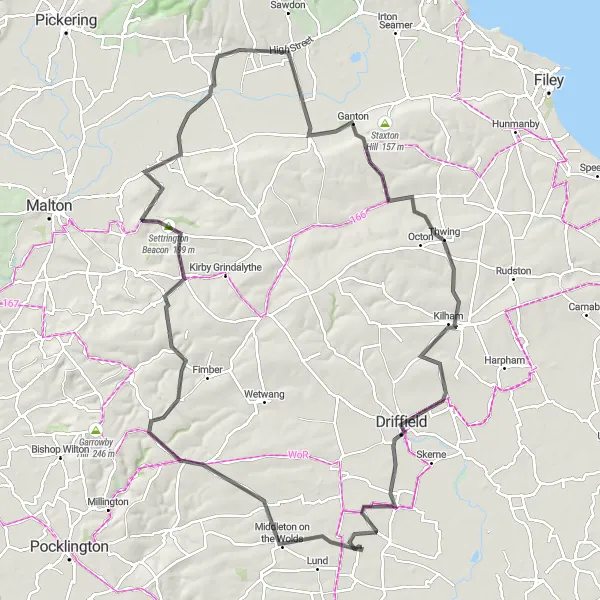 Map miniature of "Watton to Middleton on the Wolds and Kilnwick Round Trip" cycling inspiration in East Yorkshire and Northern Lincolnshire, United Kingdom. Generated by Tarmacs.app cycling route planner