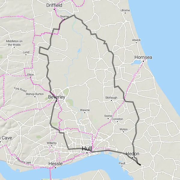Map miniature of "Hutton Cranswick to Beverley Circular" cycling inspiration in East Yorkshire and Northern Lincolnshire, United Kingdom. Generated by Tarmacs.app cycling route planner