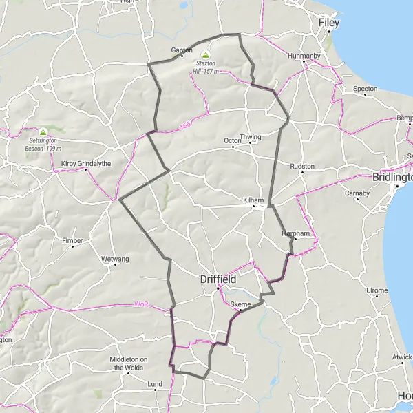 Map miniature of "Kirkburn and Harpham Loop" cycling inspiration in East Yorkshire and Northern Lincolnshire, United Kingdom. Generated by Tarmacs.app cycling route planner