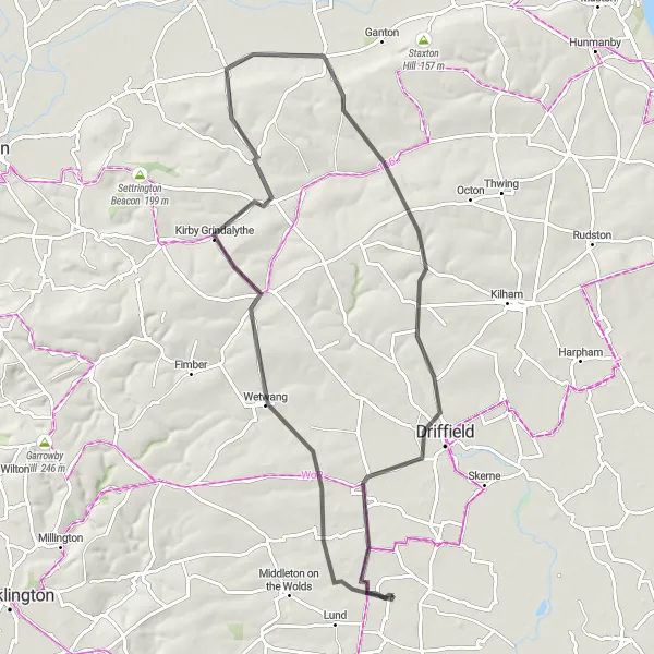 Map miniature of "Wetwang and Kilnwick Loop" cycling inspiration in East Yorkshire and Northern Lincolnshire, United Kingdom. Generated by Tarmacs.app cycling route planner