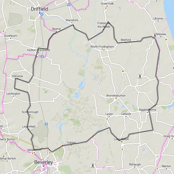 Map miniature of "The Hutton Cranswick and Beyond" cycling inspiration in East Yorkshire and Northern Lincolnshire, United Kingdom. Generated by Tarmacs.app cycling route planner