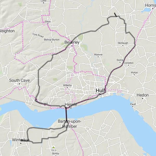 Map miniature of "Humber Bridge and Beverley Loop" cycling inspiration in East Yorkshire and Northern Lincolnshire, United Kingdom. Generated by Tarmacs.app cycling route planner