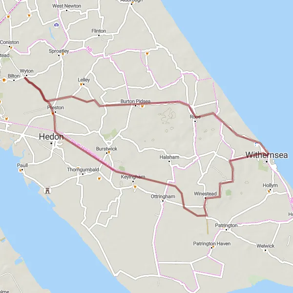 Map miniature of "Winestead and Hedon Gravel Ride" cycling inspiration in East Yorkshire and Northern Lincolnshire, United Kingdom. Generated by Tarmacs.app cycling route planner