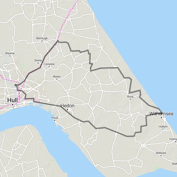 Map miniature of "Thorngumbald to Waxholme Road Loop" cycling inspiration in East Yorkshire and Northern Lincolnshire, United Kingdom. Generated by Tarmacs.app cycling route planner