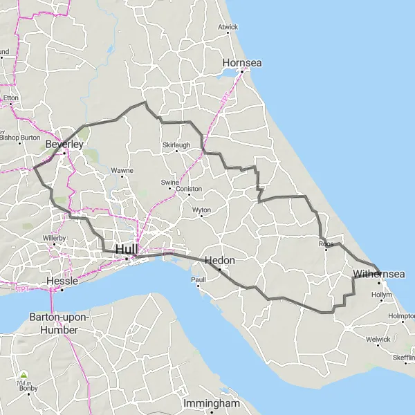 Map miniature of "Marton to Hull Loop" cycling inspiration in East Yorkshire and Northern Lincolnshire, United Kingdom. Generated by Tarmacs.app cycling route planner