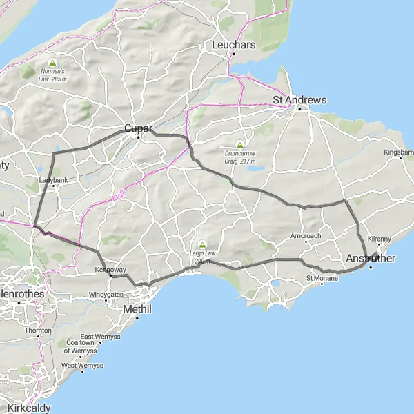 Map miniature of "The Coastal Climb" cycling inspiration in Eastern Scotland, United Kingdom. Generated by Tarmacs.app cycling route planner