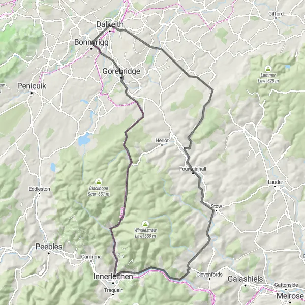 Map miniature of "Bonnyrigg to Innerleithen Loop" cycling inspiration in Eastern Scotland, United Kingdom. Generated by Tarmacs.app cycling route planner