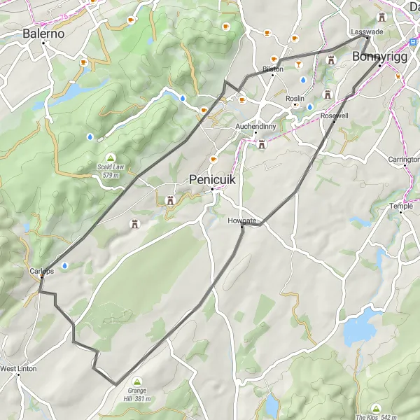 Map miniature of "Bonnyrigg to Carlops Loop" cycling inspiration in Eastern Scotland, United Kingdom. Generated by Tarmacs.app cycling route planner