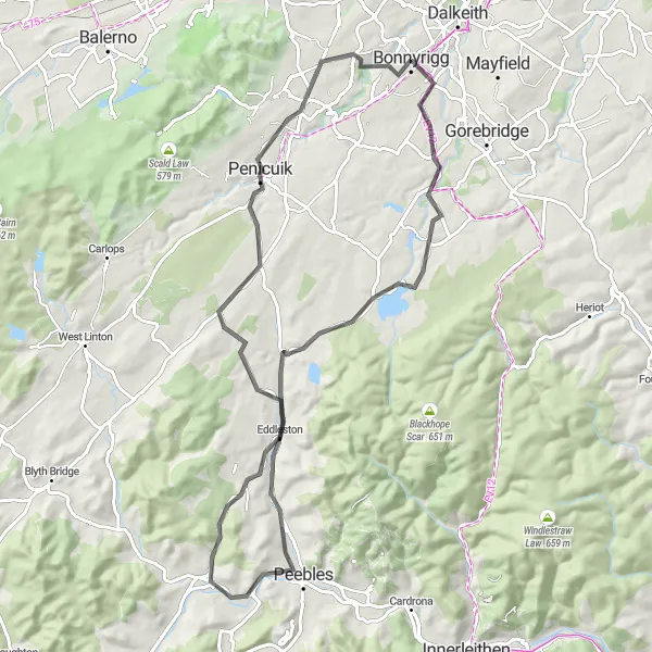 Map miniature of "Bonnyrigg to Penicuik Loop" cycling inspiration in Eastern Scotland, United Kingdom. Generated by Tarmacs.app cycling route planner