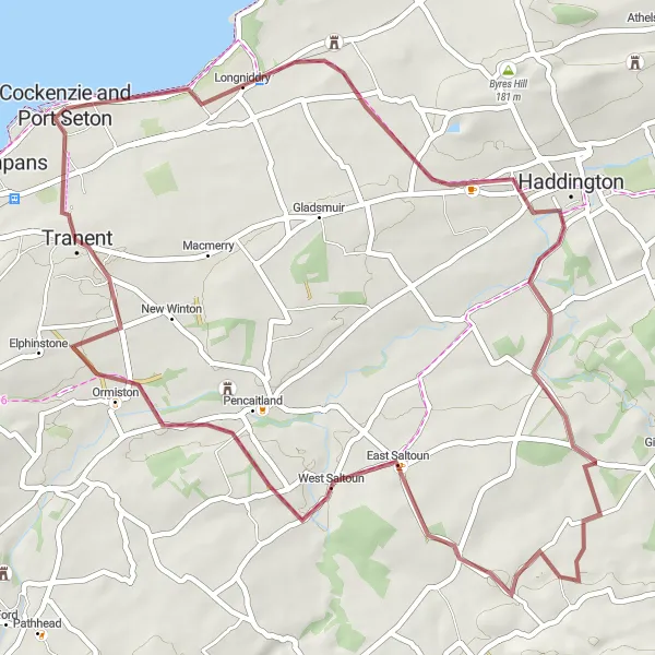 Map miniature of "Bolton to Cockenzie and Port Seton Gravel Route" cycling inspiration in Eastern Scotland, United Kingdom. Generated by Tarmacs.app cycling route planner